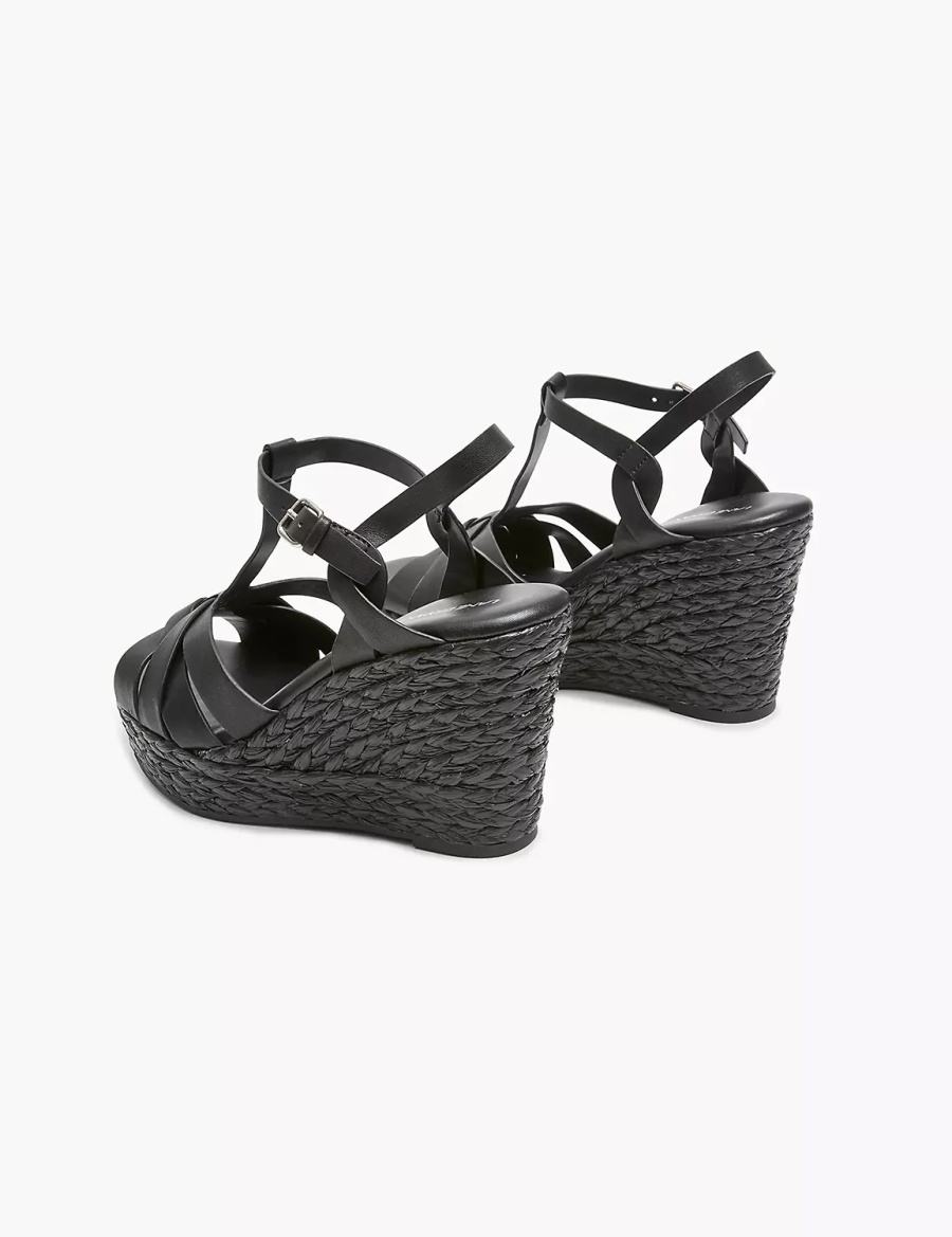 Sandały na Koturnie Damskie Lane Bryant Dream Cloud Faux-Leather T-Strap Espadrille Czarne | LZR664AD