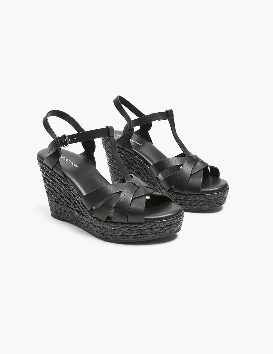 Sandały na Koturnie Damskie Lane Bryant Dream Cloud Faux-Leather T-Strap Espadrille Czarne | LZR664AD